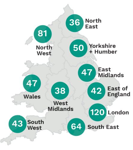 Map of England and Wales with green circles denoting how many charities funded in each region