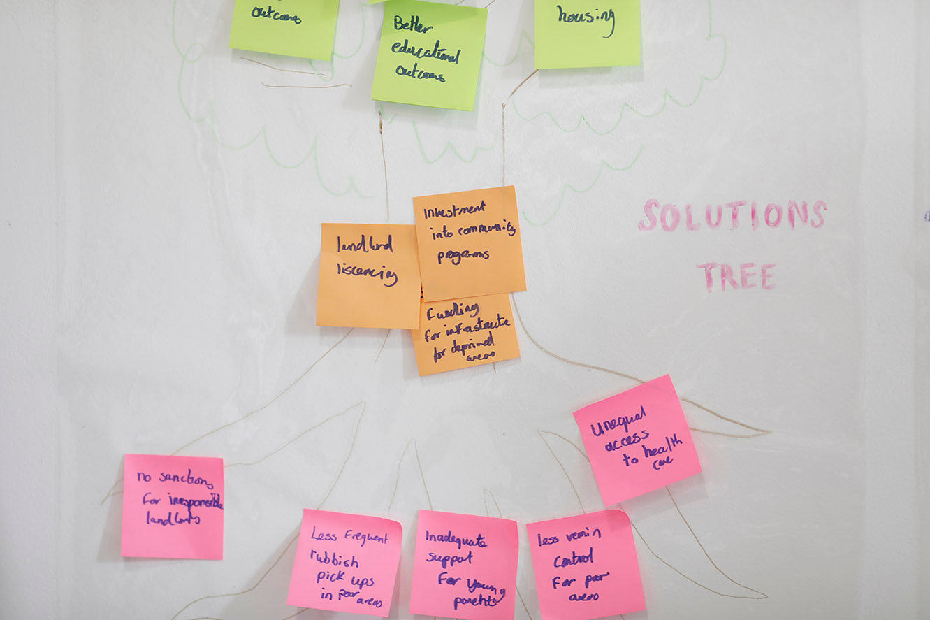 Solutions tree with post-it note comments from community partners