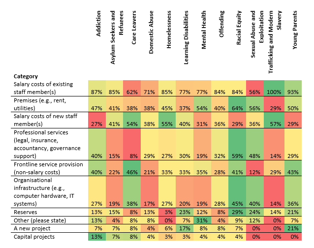 Table showing how funding has been allocated by complex issues we fund