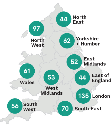 Map showing the number of charities we supported in each region of England and Wales in 2023.