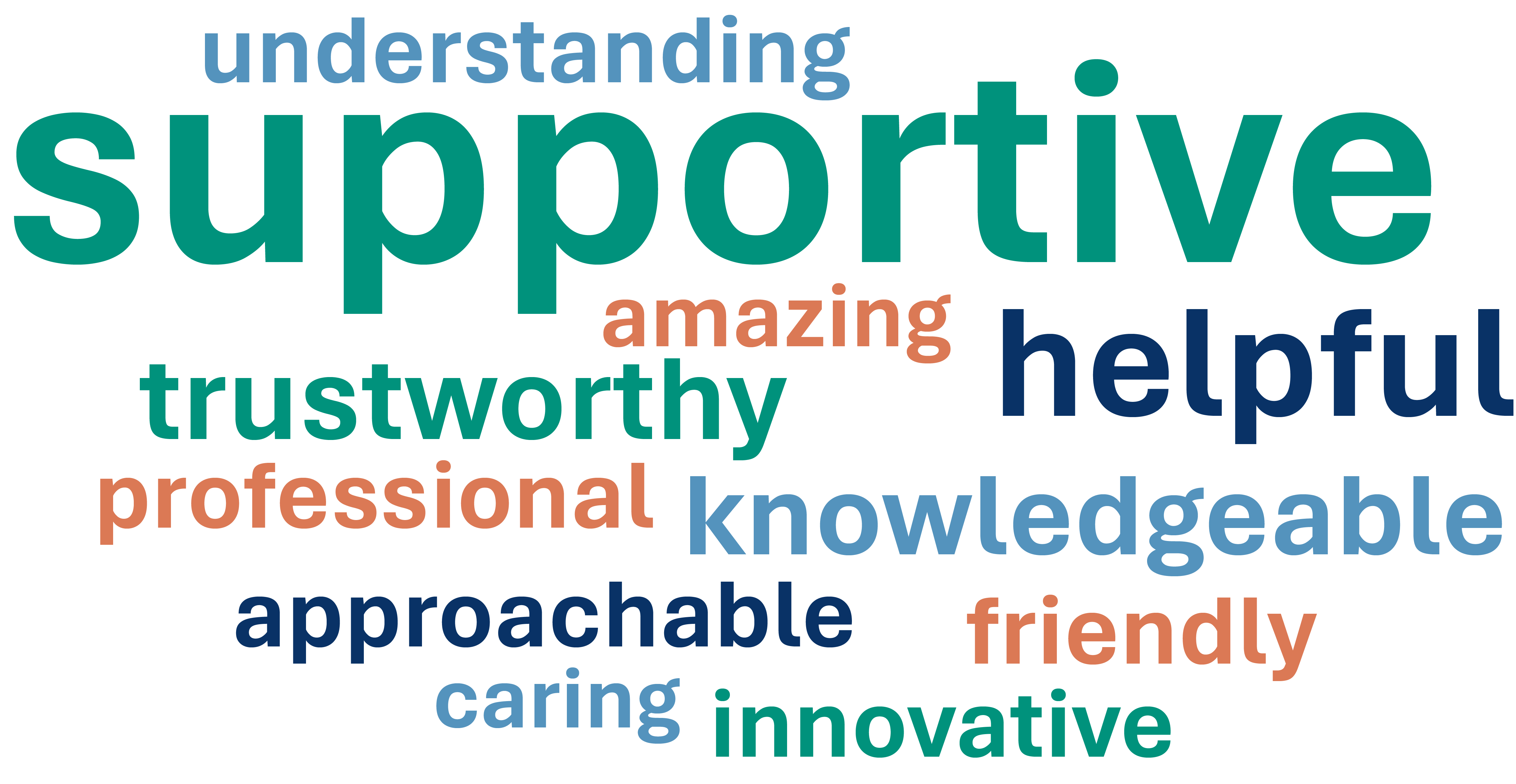 This post shows the top words used to describe Lloyds Bank Foundation. The frequency with which the words were mentioned is reflected in the size of the letters in the depiction. The largest and most frequent words were 'supportive', 'helpful', 'knowledgeable'. Other words included 'amazing', 'trustworthy', 'professional', 'friendly', 'approachable', 'innovative' and 'caring'.